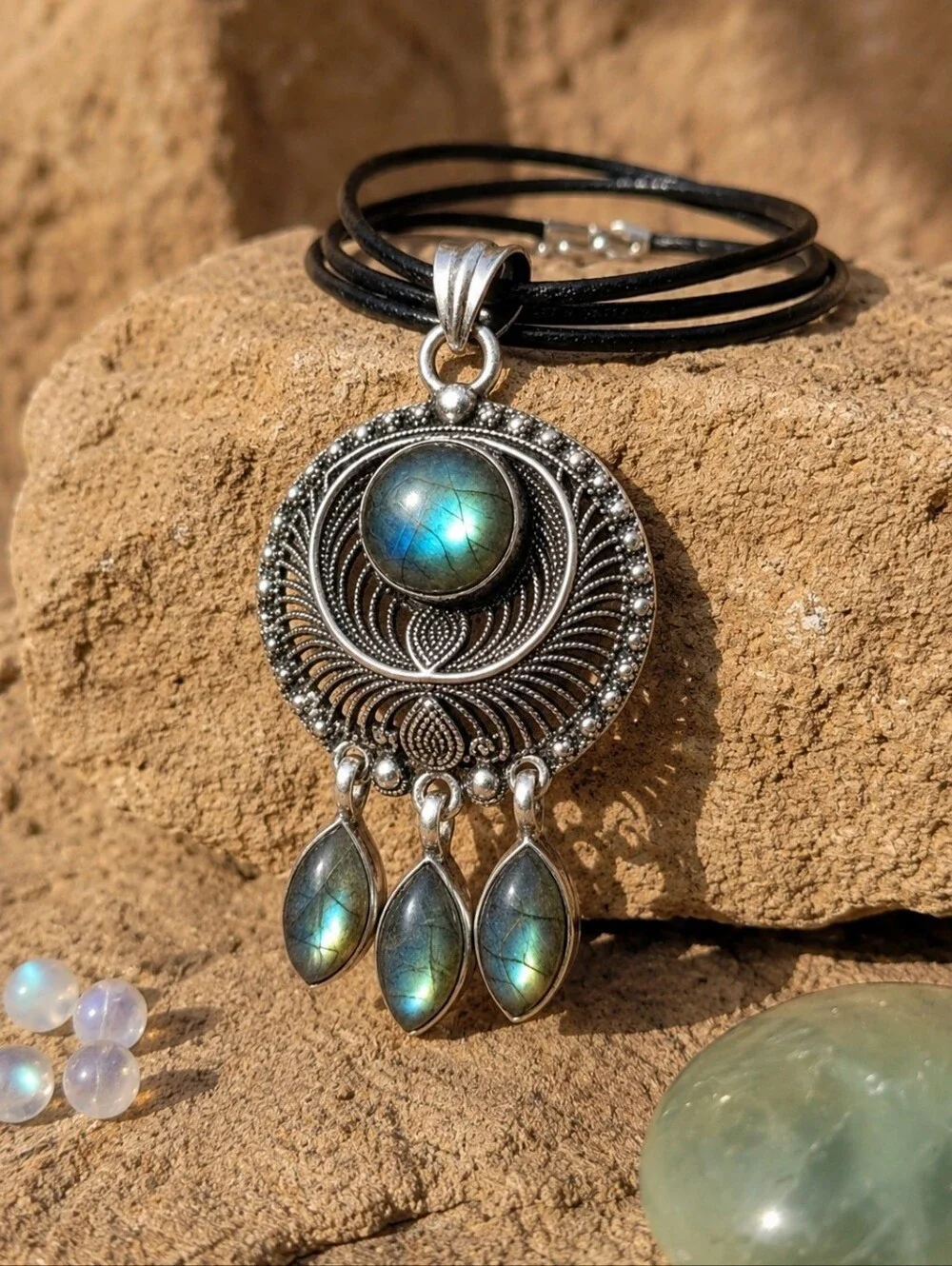 Sterling Silver Labradorite Mandala Dreamcatcher Medallion Pendant Necklace Boho